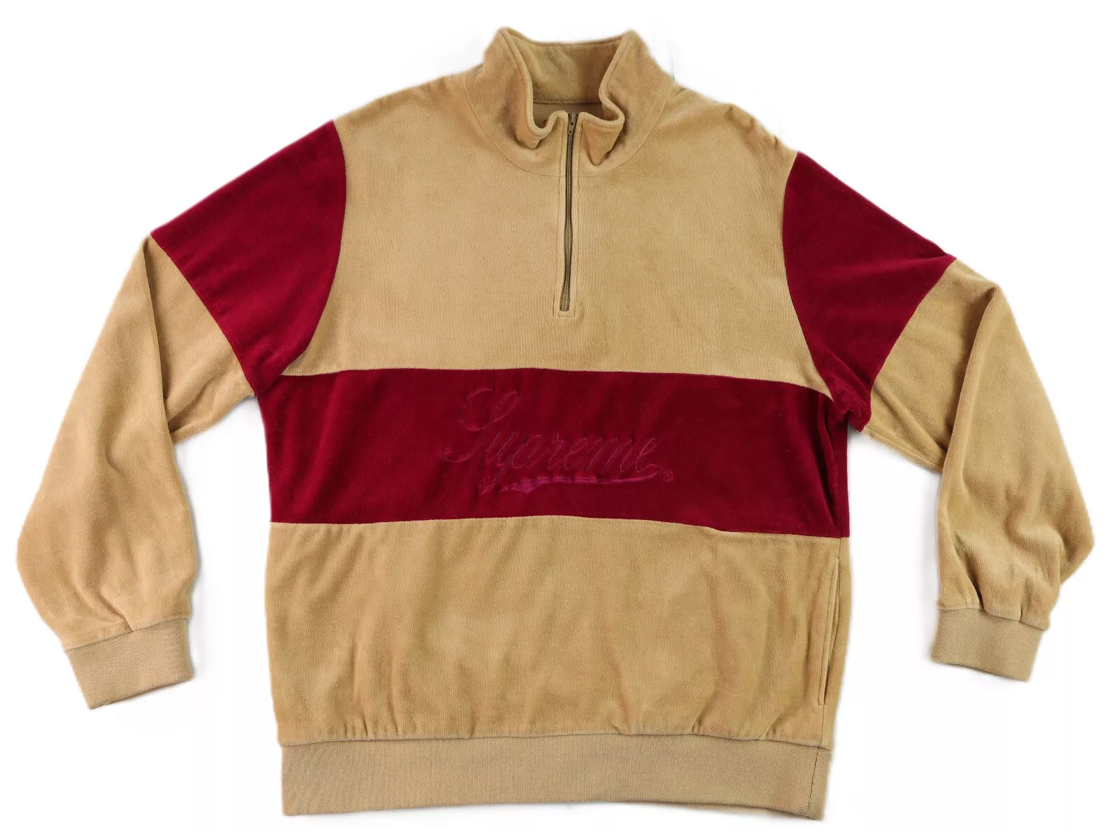Pull de survêtement homme SUPREME US taille L kaki doux stretch velours demi fermeture éclair