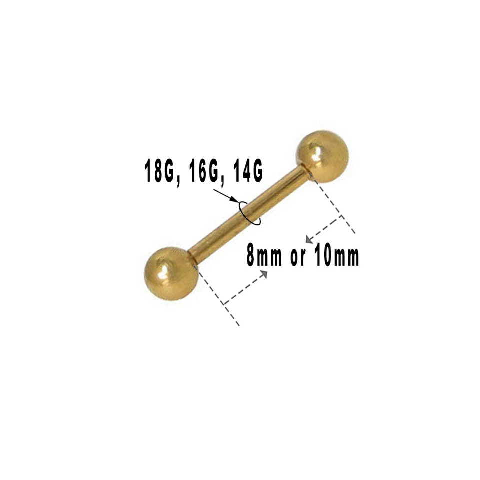 14K Gold Plated Straight Barbell Nipple Tongue Rings Surgical Steel Bar Barbell - Image 2 of 4