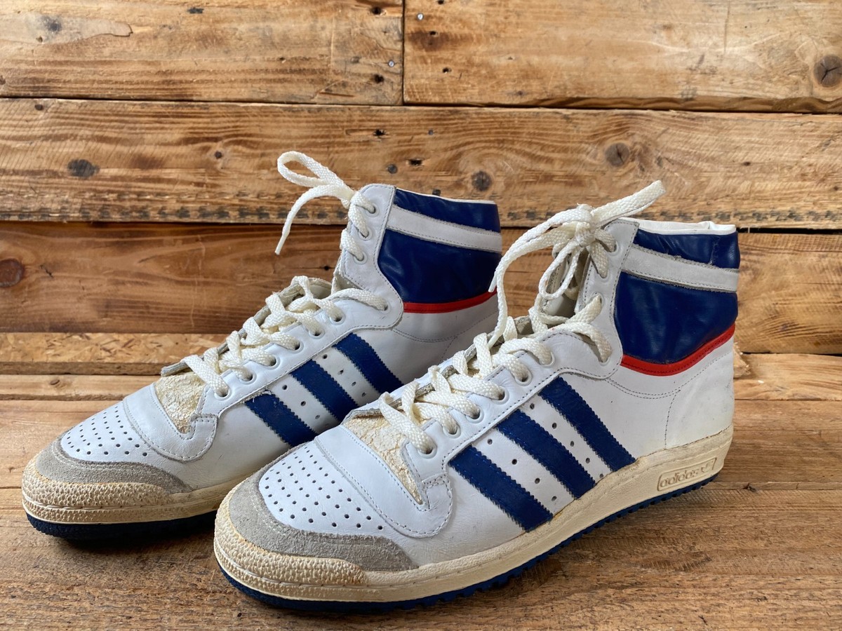 VIntage 80's Adidas top ten hi-top white leather sneakers, made in