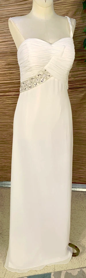 Snowy White Single Strap Chiffon Wedding Dress Bridal Gown Jeweled Trim Size 12 - Image 2 of 4