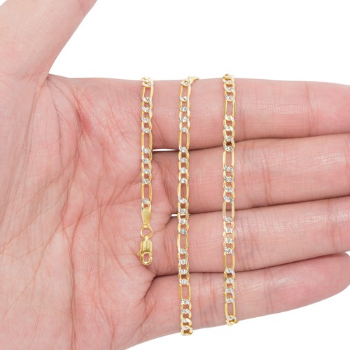 Womens 14K Yellow Gold 3.5mm Diamond Cut White Pave Figaro Chain Necklace 16" - Picture 2 of 12