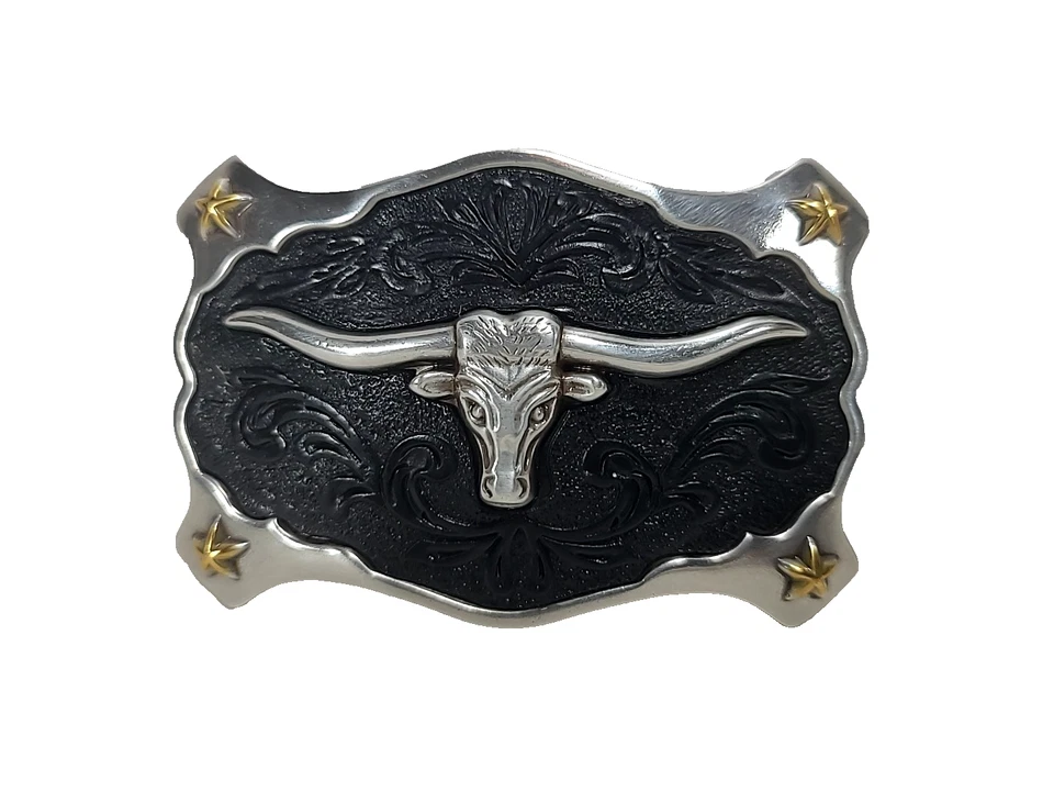 Justin Boots Western Cowboy Cinturón Hebilla Plateado Rodeo Cuerno Largo Texas Vaca Negro Foto 2 de 4