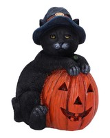 Schwarze &Quot;;Trick Or Treat&Quot;; Katze Mit Halloween KüRbis Figur 13 Cm