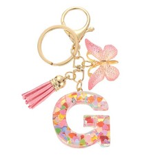 Initial Letter Keychains, Resin Cute Pendant with Butterfly Tassel, Pink-G