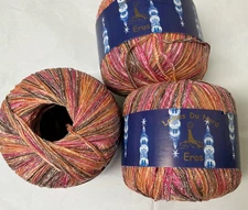 3 Skeins Laines Du Nord EROS #14 Peach Pink Brown Ribbon Yarn Poly/Viscose Italy