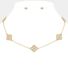 Gold Quatrefoil Station Necklace Stone Paved Clover Pendant Dainty Jewelry