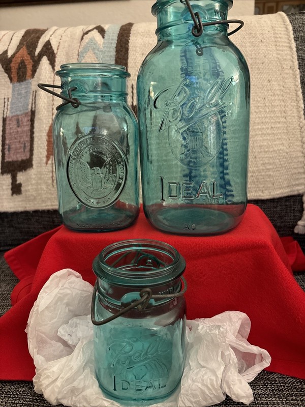 Vintage Ball Glass Jars, Aqua Blue, Set Of 3 