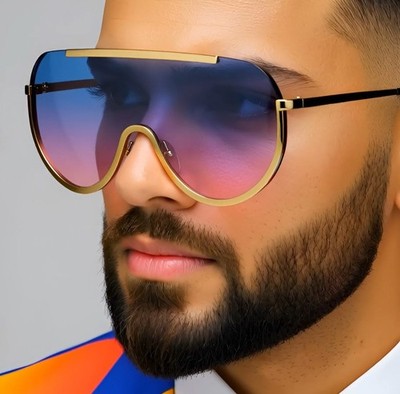 Sunglasses Gold Metal Frame Oversized Men Shades Wraparound Designer Fashion New