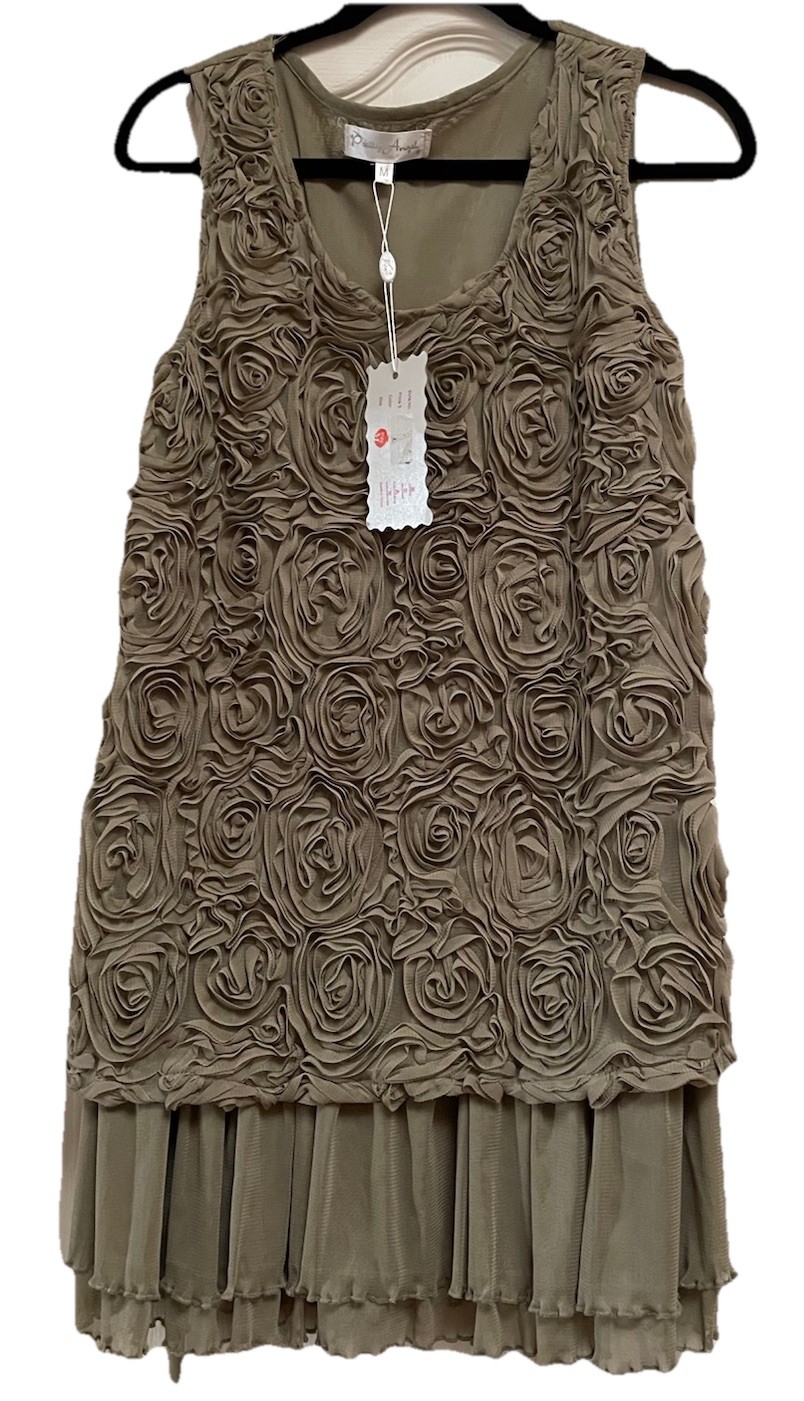 Pretty Angel NWT Taupe Mini Dress M Mesh Tunic Layered Boho Linen Blend NEW