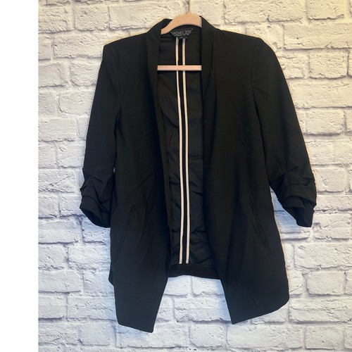 Blazer Rachel Zoe Negro Acanalado Manga 3/4 Frente Abierto Chaqueta de Carrera S