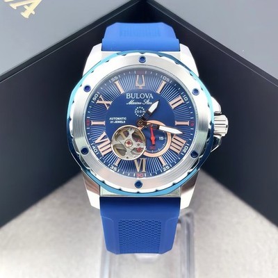 Bulova Marine Star A 98A282 Men's Automatic Watch Blue Dial Silicone Strap 45MM