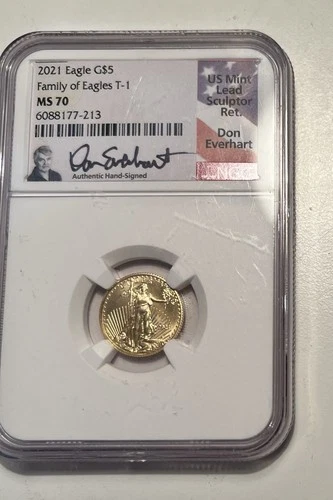 Rare - Very Low Mintage.  2021 $5 MS70 Gold Eagle TYPE 1 signed Don Everhart