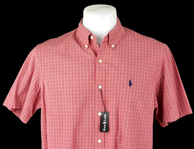RALPH LAUREN Herren rot kariertes S/S ABENDHEMD - L - Brustumfang 46'' - UVP 119£