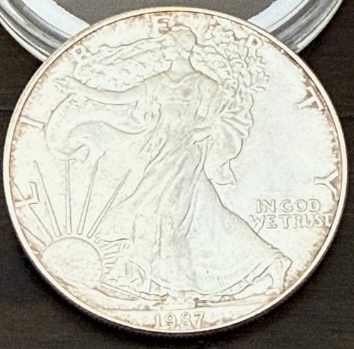 1987 American Silver Liberty Eagle - .999 / 1 Troy Ounce Unc. Toned Coin w/ Case