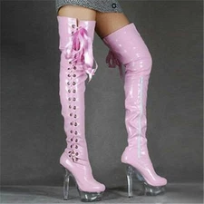 Sexy Women's Over The Knee Boots Thigh High Shoes Crystal Heel Ribbon Oversize