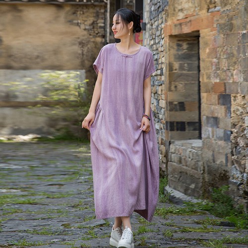 Retro Summer Cotton Linen Womens Short Sleeve Loose Oversized Long Dress Gown sz - Picture 26 of 27