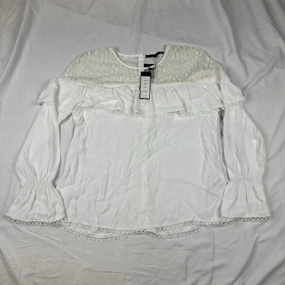 Blusa MaxSport NUEVA CON ETIQUETAS Para Mujer XL Blanca Manga de Encaje Volantes Botón Espalda Precio de venta sugerido por el fabricante $178