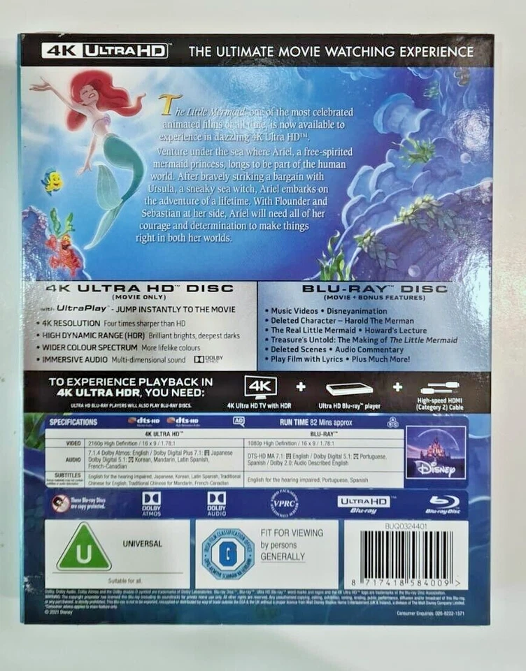4K UHD BLU-RAY DISNEY THE LITTLE MERMAID BRAND NEW SEALED UK STOCK - Image 2 of 2
