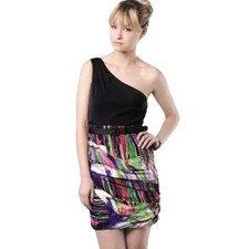 ALICE + OLIVIA NWT Mini Dress Breanna One Shoulder Silk Black Extra Small XS