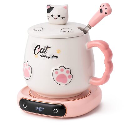 Coffee Mug Warmer & Cute Cat Mug Set, Beverage Cup Warmer for Desk Home Office w