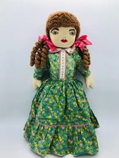 HANDMADE CLOTH DOLL EMBROIDERED FACE 17" Jointed Detailed Hair Dress Vtg Prairie