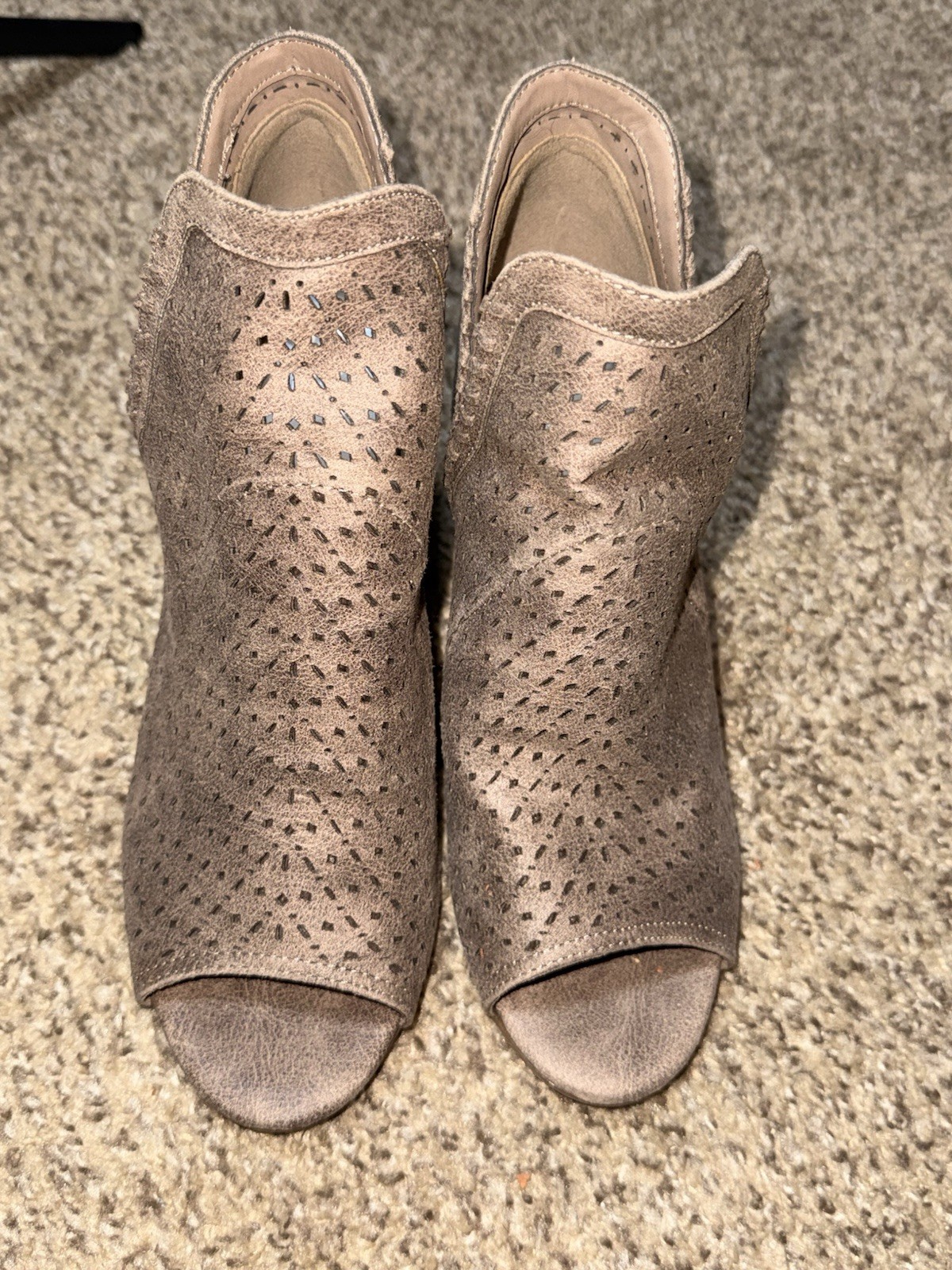 Fergalicious Harvey Peep Toe Booties Taupe Perforated Block Heel Womens 7M