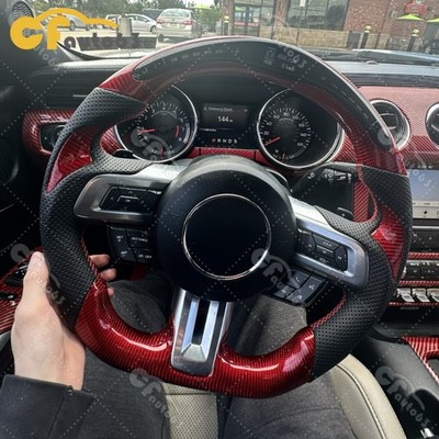 Red Carbon Fiber Smart LED Leather Steering Wheel Fit 2015-2023 Ford Mustang GT