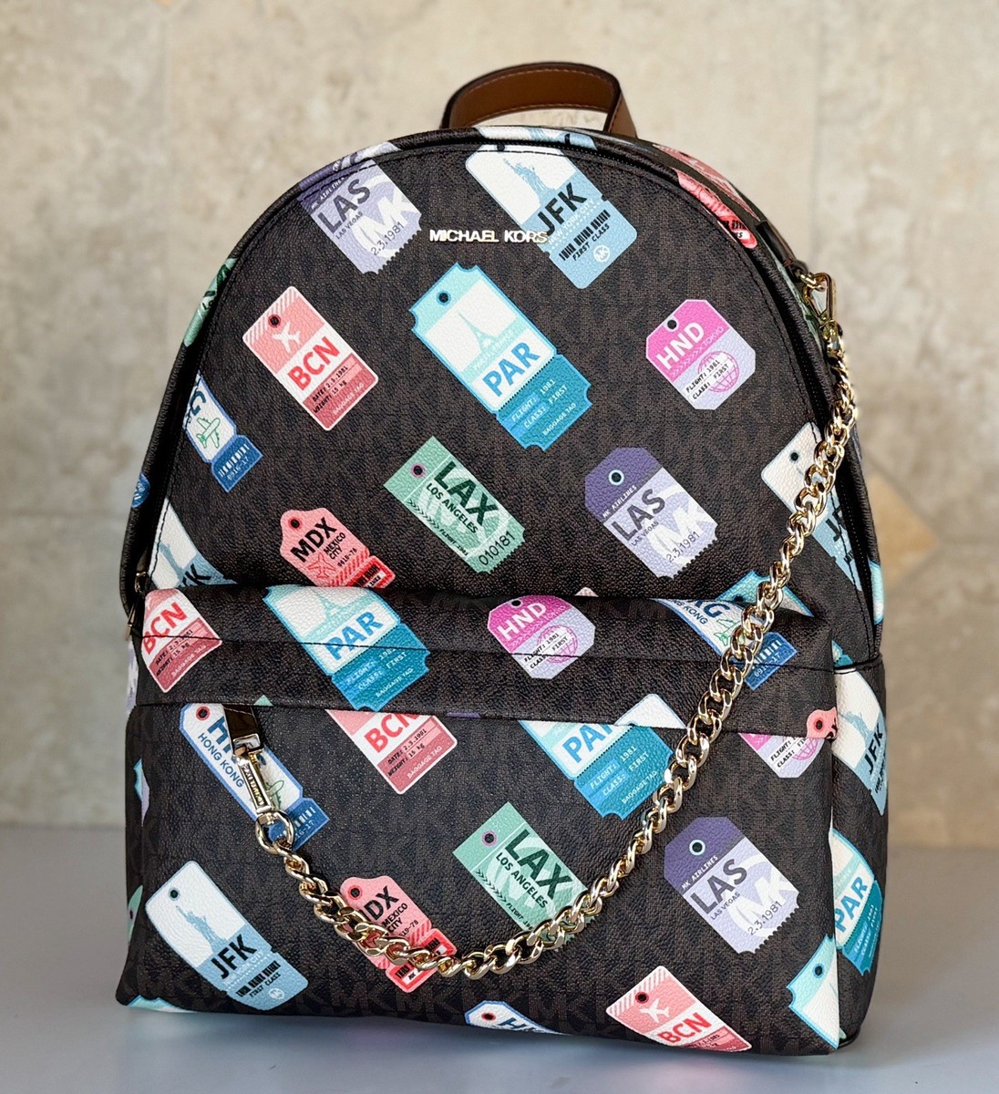 Michael Kors Slater Medium Chain Backpack MK Brown | eBay
