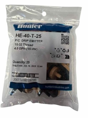 NEW 25 Pack Hunter P/C Drip Emitters 10-32 Thread 4.0 GPH HE-40-T-25 Tan