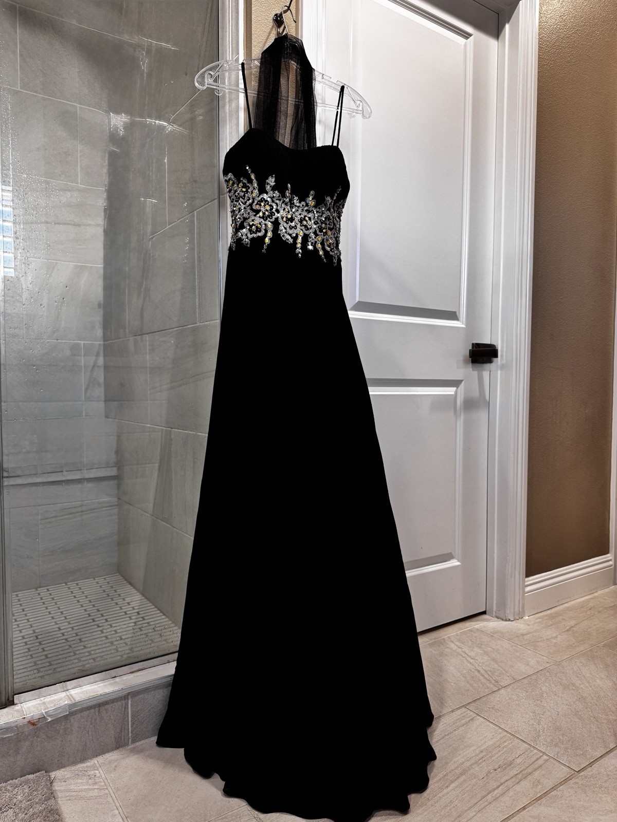 Black Long Formal Evening Gown Crystal Embellished Size Small Worn One Time