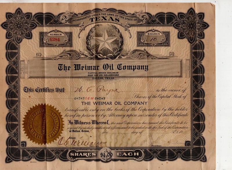 THE WEIMER OIL COMPANY STOCK CERTIFICATE 10 SHARES DALLAS TEXAS  ID#29