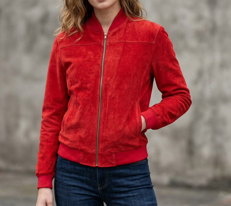 Womens Red Suede Leather Jacket Real Suede Bomber Classic Casual Outerwear Coat