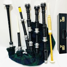 Black Sottish Highland Bagpipe Silver Mounts Blackwatch Tartan Cover W/Hard Case