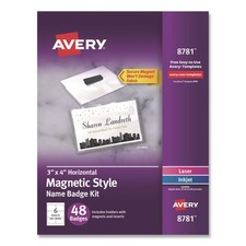 Avery  Magnetic Style Name Badge Kit, Horizontal, 4 x 3, White, 48/Pack