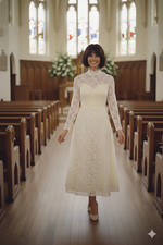 Vintage 1970s White Lace Yellow Wedding Dress Pearl Button Long Sleeve Modest