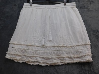 Sears Canada Skirt Womens L White Boho Peasant Mini Tassel Drawstring Lace Trim