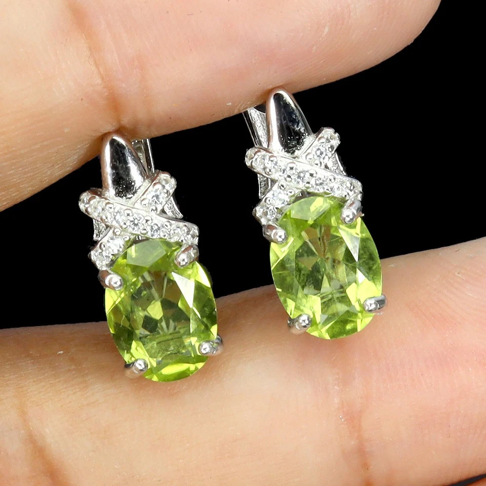 925 Sterlingsilber Ohrringe Ovaler Peridot 8x6 mm Natürlicher Edelstein Schmuck - Bild 2 von 4