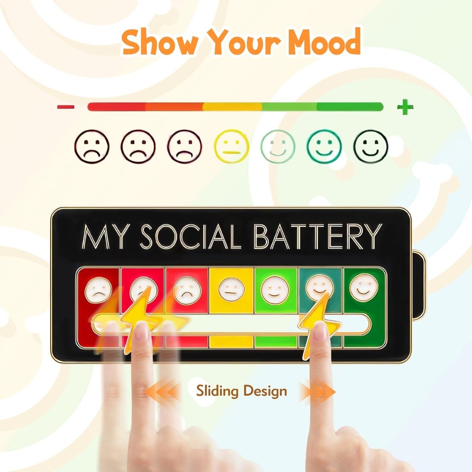 Funny Social Battery Slider Pin – 7-Mood Expression Badge, Cute Interactive Pin 