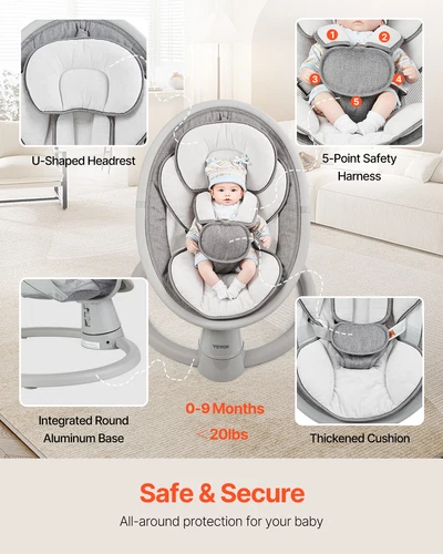 VEVOR Columpio para Bebés con 5 Velocidades Control Remoto 690 x 610 x 520 mm - Imagen 6 de 12