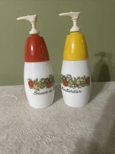 Set Vintage Corning Spice of Life Mustard & Ketchup Milk Glass Dispensers 