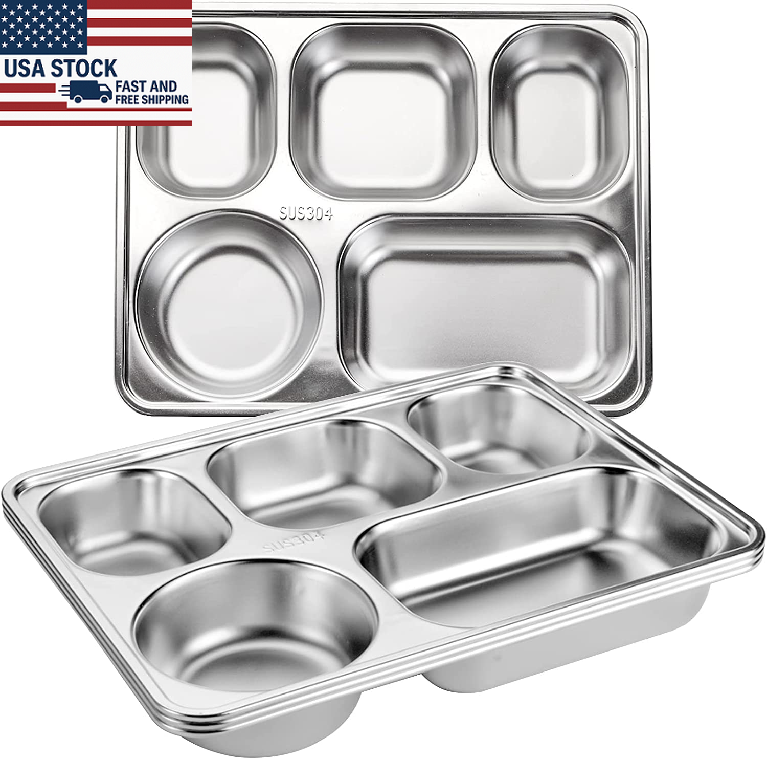 Tebery 3-Pack 5-Section Divided Stainless Steel Dinner Plates Tray