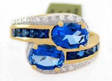 GENUINE 2.76 Cts ROYAL BLUE TOPAZ & WHITE SAPPHIRE RING .925 SILVER -yellow tone