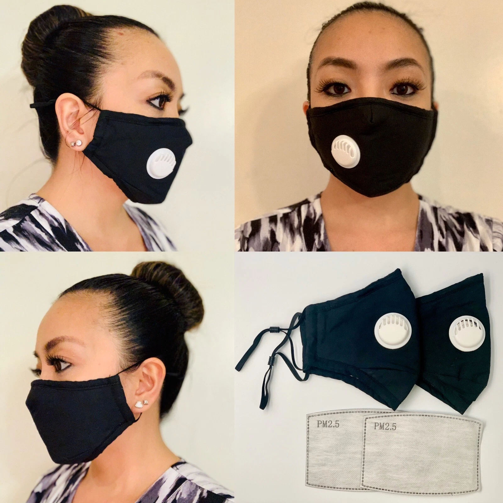 Set of 2 Black PM2.5 Facial Masks with Breathable Valve Filter Pocket