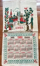 Vintage MCM Kitchen Linen 1960 Calendar Tea Towel Anno Domini Colonial Scene
