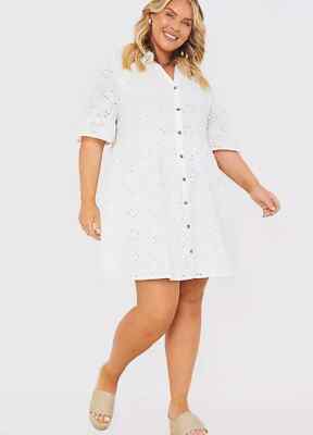 In The Style x Jac Jossa White Broderie Smock Shirt Dress UK 10 (FM215-9)