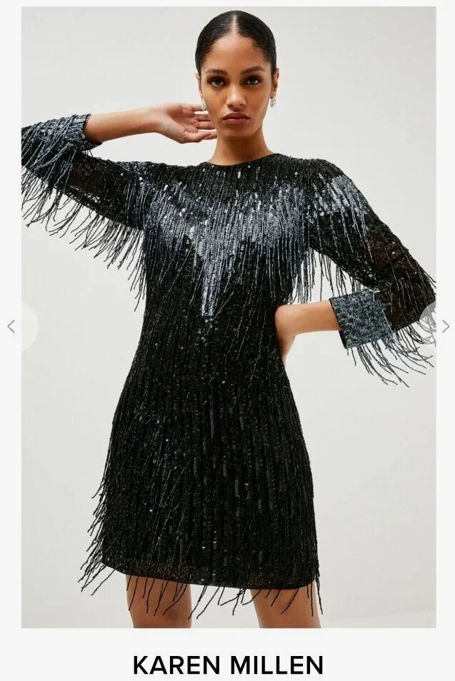 New Karen millen rare beaded tassel black fringe dress occasion evening Party 10 image 10