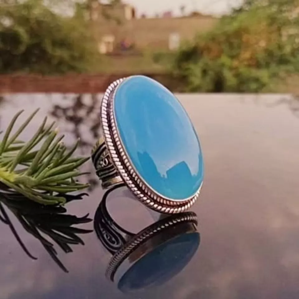 Sottile Blu Calcedonio Gemma 925 Argento Sterling Mano Anello Tutti Misura H-29 - Immagine 3 di 3