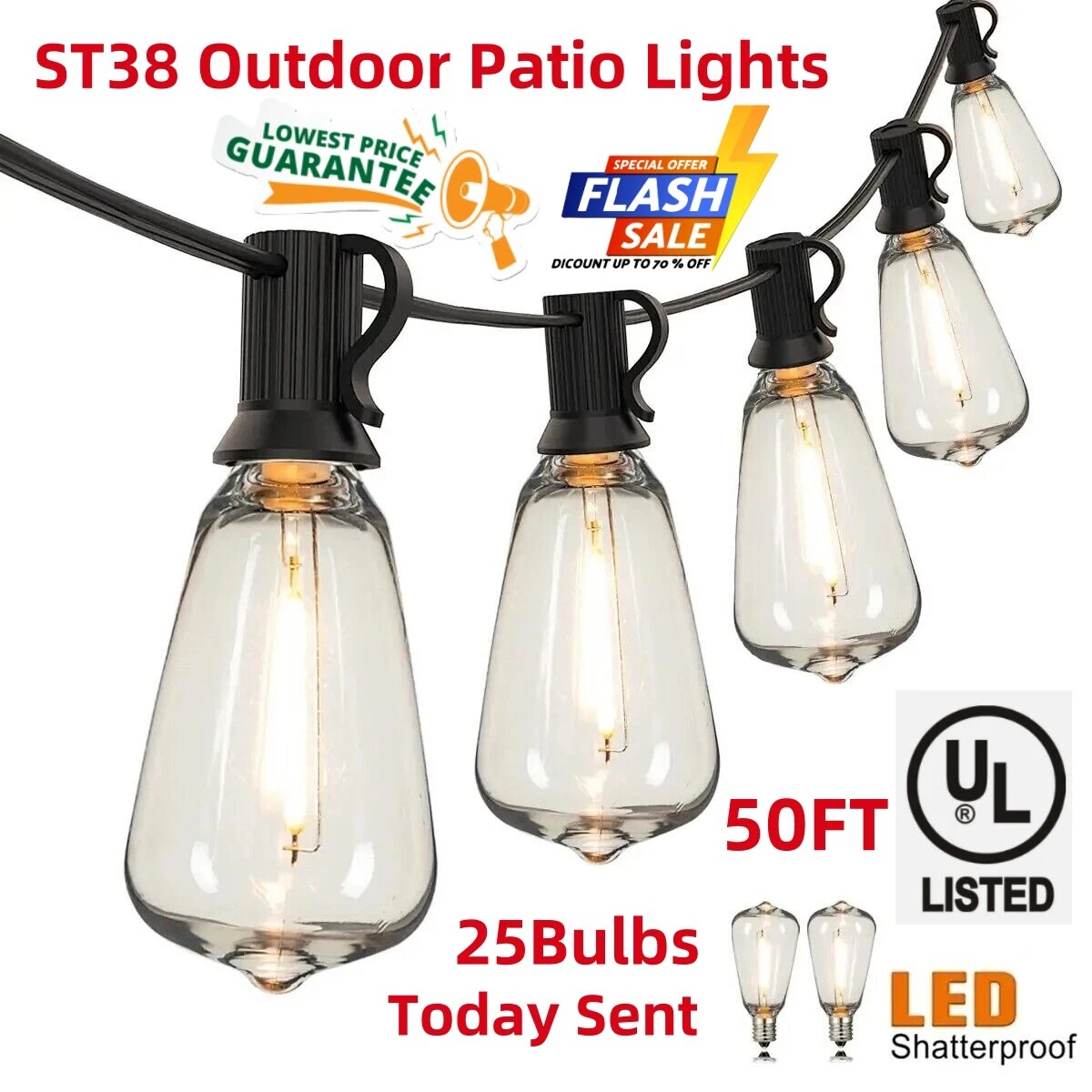 100 FT Outdoor String Lights Waterproof Patio Garden Light Shatterproof LED NEW