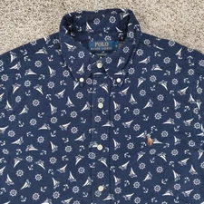 Polo Ralph Lauren Shirt Men Medium Blue Short Sleeve Sail Boat Anchor Print Golf