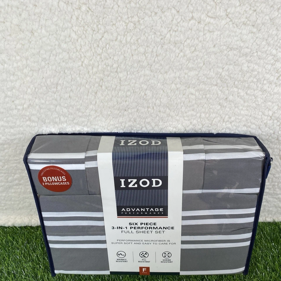Juego de sábanas tamaño completo IZOD Advantage 3 en 1 rendimiento gris blanco rayas 6 piezas Foto 4 de 4
